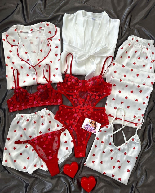8Pc Heart Printed Satin Nightwear for Women | Premium Nightwear's