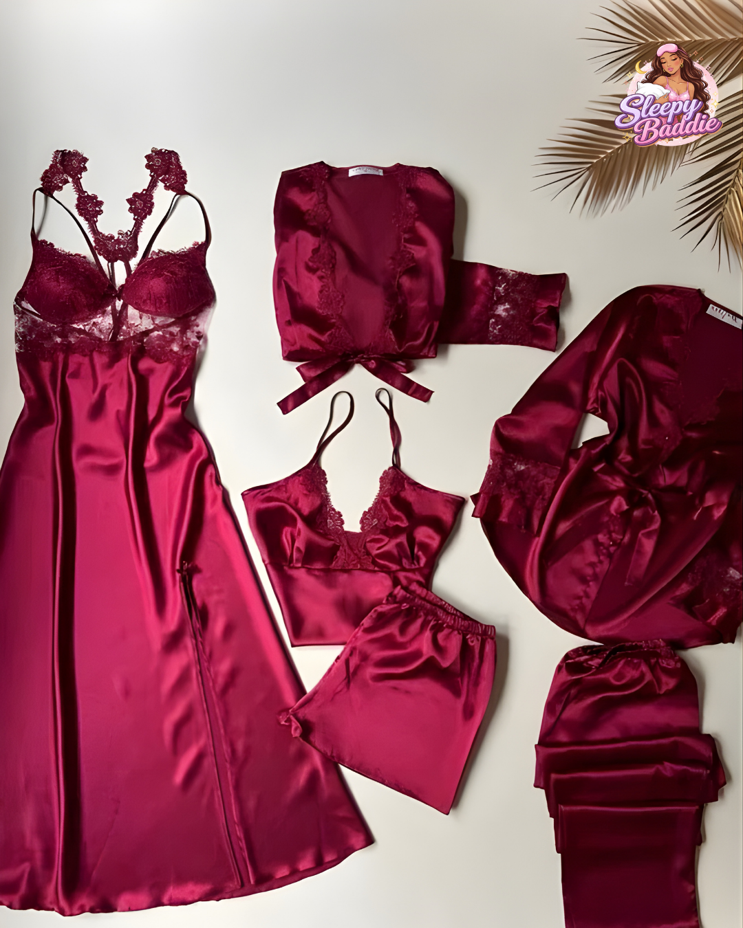 6 PCS LONG SILK NIGHTY SET FOR WOMEN