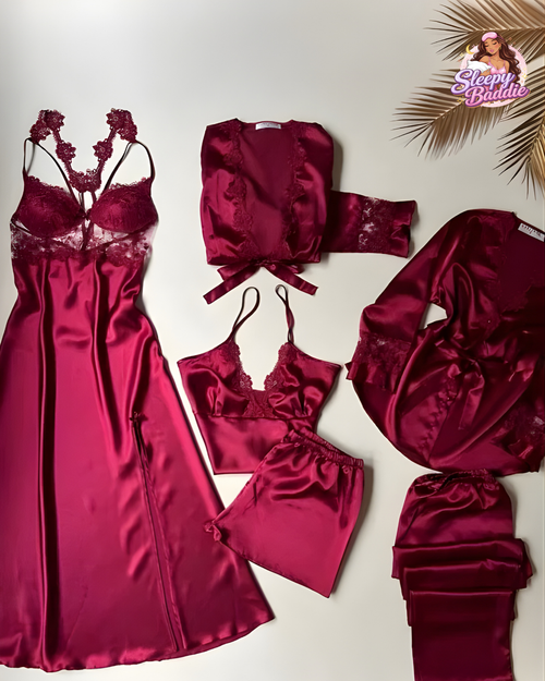 6 PCS LONG SILK NIGHTY SET FOR WOMEN